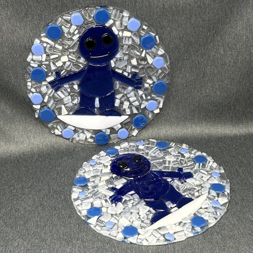 Handmade Mosaic Fused Glass Art Plaques 8" Round Set of 2 Thumbs Up Happy OOAK